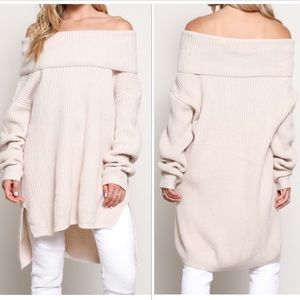 🆕CREAM OFF THE SHOULDER LONG-SLEEVE RIBBED OVERSIZED SWEATER DRESS OR TUNIC